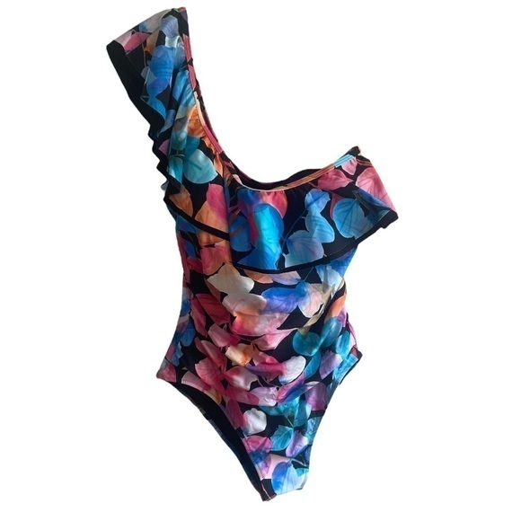 New! Profile by Gottex Color Rush Black Ruffle One Shoulder One Piece Swimsuit - Picture 3 of 7